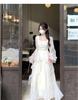 White French Ruffle Long Sleeve Dress: Waist-Defining Fairy Style for Seaside Vacations
