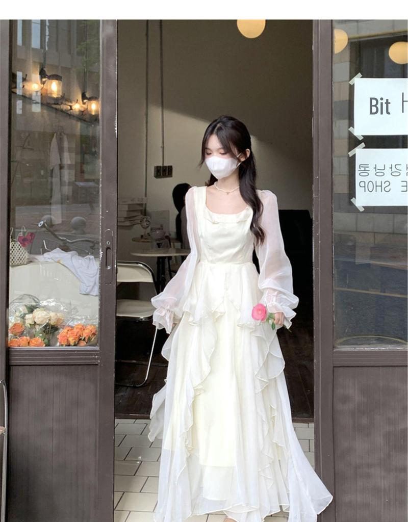 White French Ruffle Long Sleeve Dress: Waist-Defining Fairy Style for Seaside Vacations