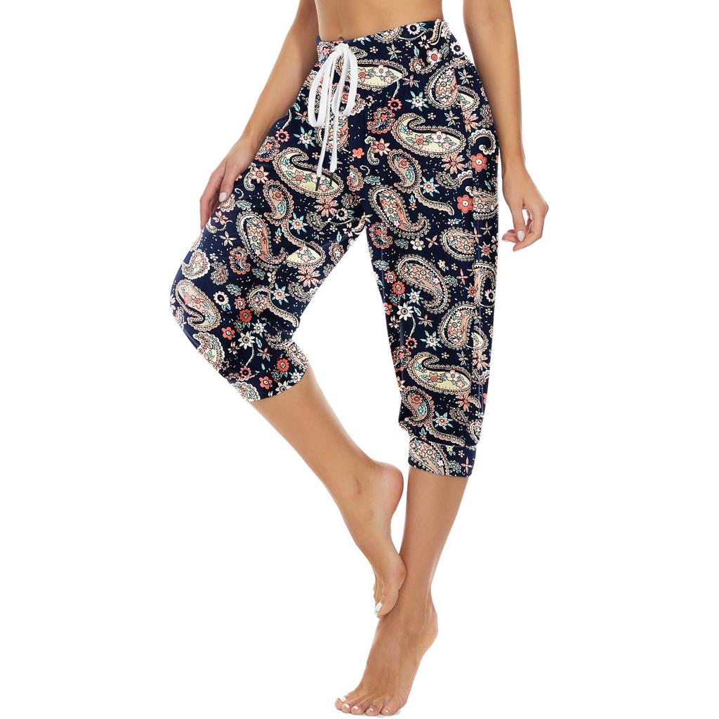 Damen Sommer Locker Retro Bedruckt Siebenhosen Jogginghose Yoga Home Jogginghose Mit Taschen