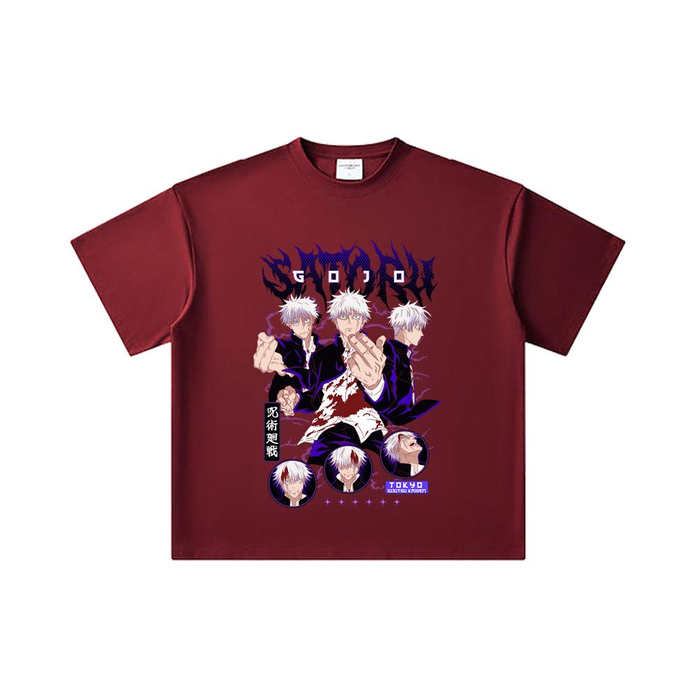 

260 GSM Double Yarn 32 Count 100% Cotton Jujutsu Kaisen V6 Gojo Print Unisex Heavy Cotton T Shirt 2XL вина червоного кольору