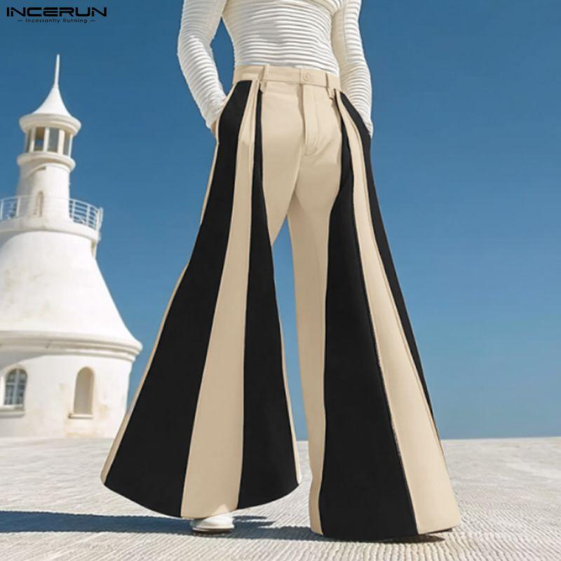 INCERUN S-5XL Men Casual Zip-up Waist Striped Long Flare Pants Trousers