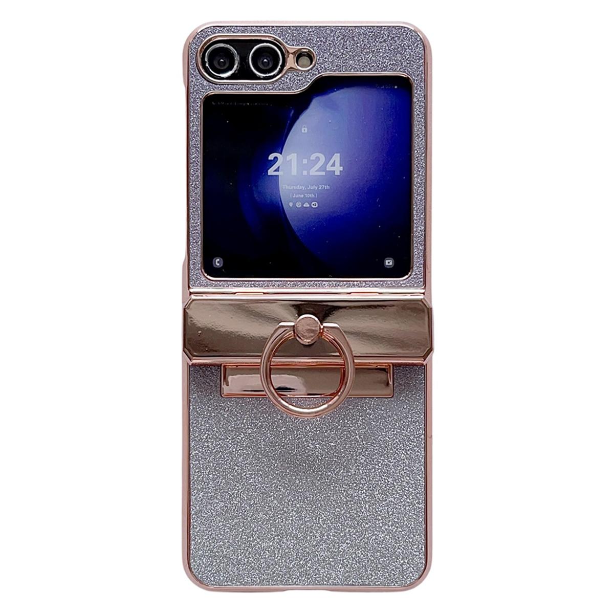 

For Samsung Galaxy Z Flip5 5G Glitter Design Hard PC Phone Cover with Ring Kickstand Gold