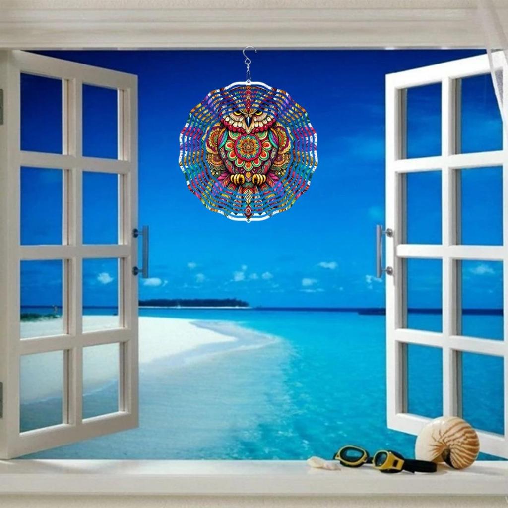 Colorful Mandala Owl Wind Chime for Outdoor Garden Patio Decor Weatherproof 2D Rotating Hanging Art with 360 Degree Hook Holiday Gift