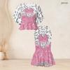 Women Plus Size Two Piece Set Round Neck Batwing Sleeve Printed Ruffle Hem Top Fishtail Skirt Silver Black