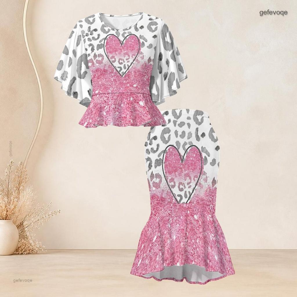 Women Plus Size Two Piece Set Round Neck Batwing Sleeve Printed Ruffle Hem Top Fishtail Skirt Silver Black