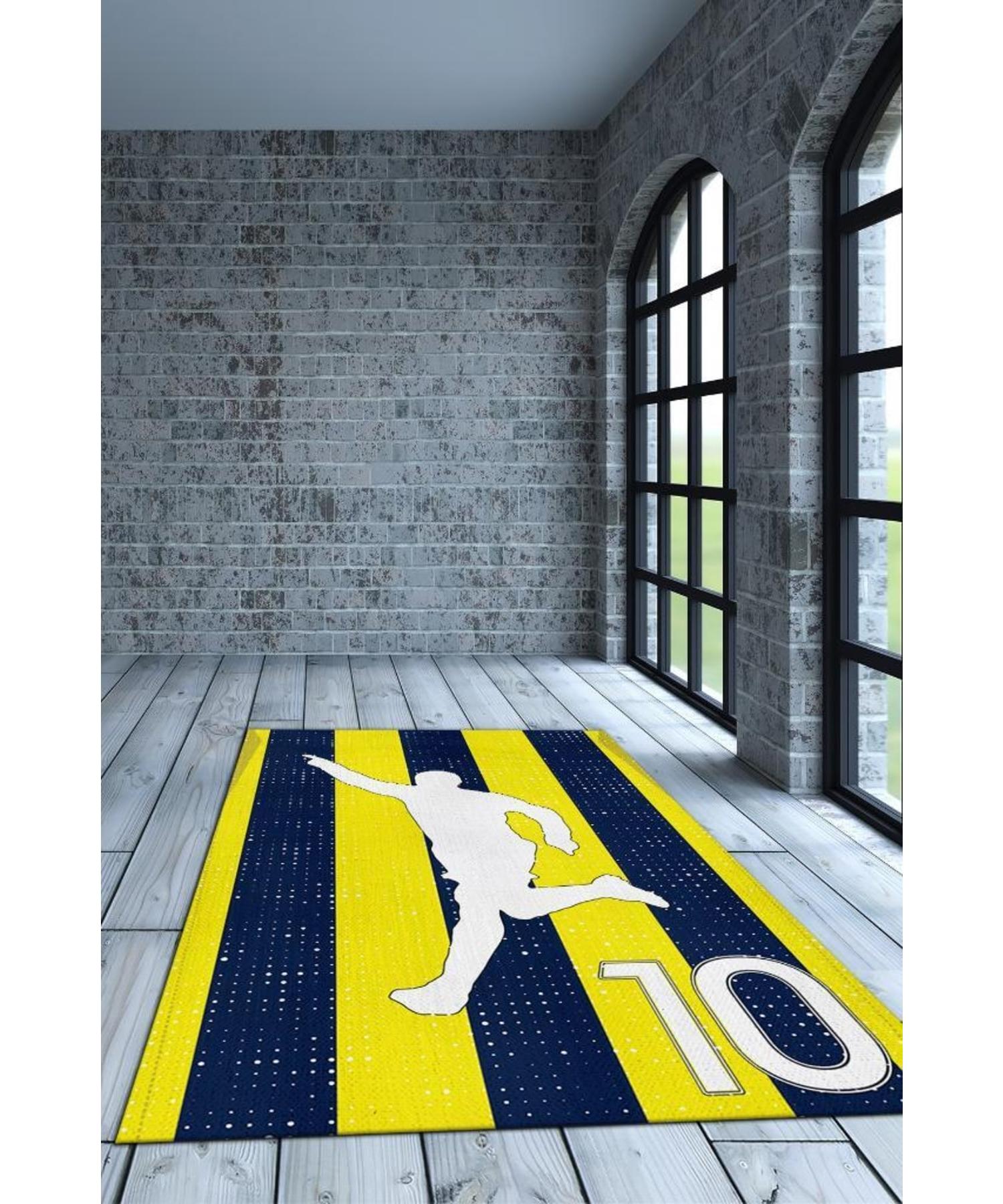 

Legend 10 Yellow Navy Blue Cotton Woven Based Washable Non-Slip Football Lover Carpet