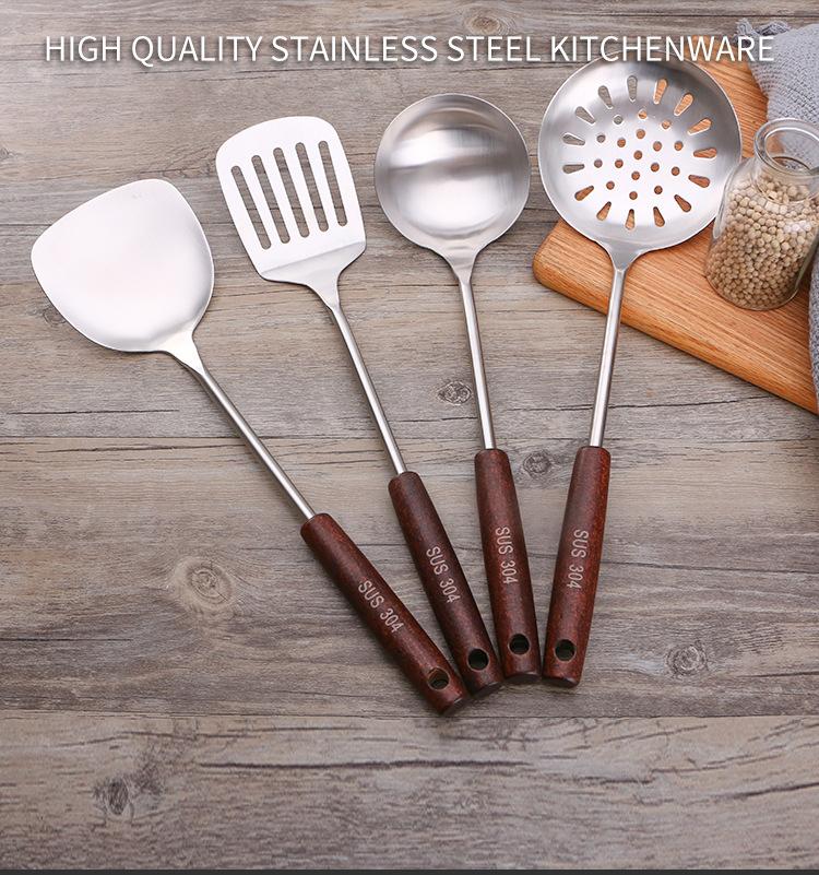 304 Stainless Steel Spatula Ladle Skimmer Set Vintage Wooden Handle High Temp Resistant Kitchen Cooking Utensils