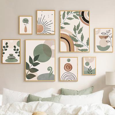 Boho Verde Militar Hojas Abstractas Formas Geométricas Sol Póster Vintage Pintura en Lienzo Arte de Pared Imágenes Decoración Nórdica para Sala de Estar
