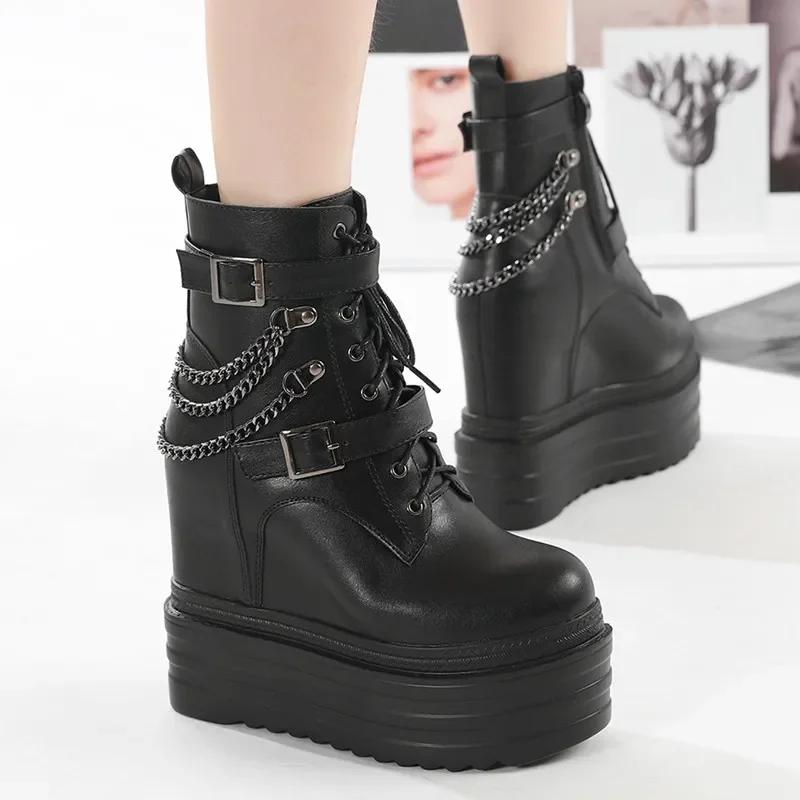 Fashion 14CM Gothic Black Ankle Boots For Women Plus High Heel Female Shoes Lace-Up Nigh Club Black Sexy Rivets Chain Short Boots