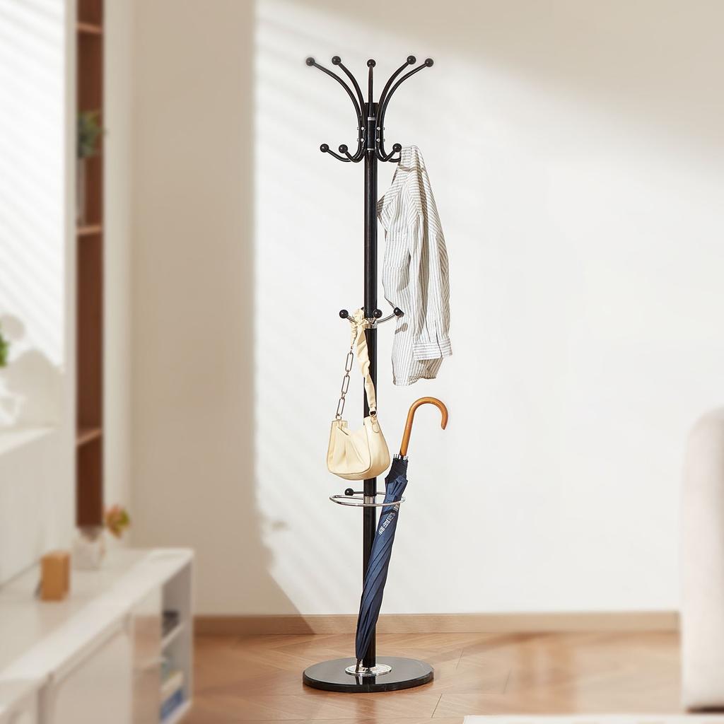 VEVOR Freestanding Coat Rack, Metal Coats Rack Stand with Umbrella Holder, Stable Marble Base & 14 Hooks, Hall Coat Tree for Entryway, Bedroom