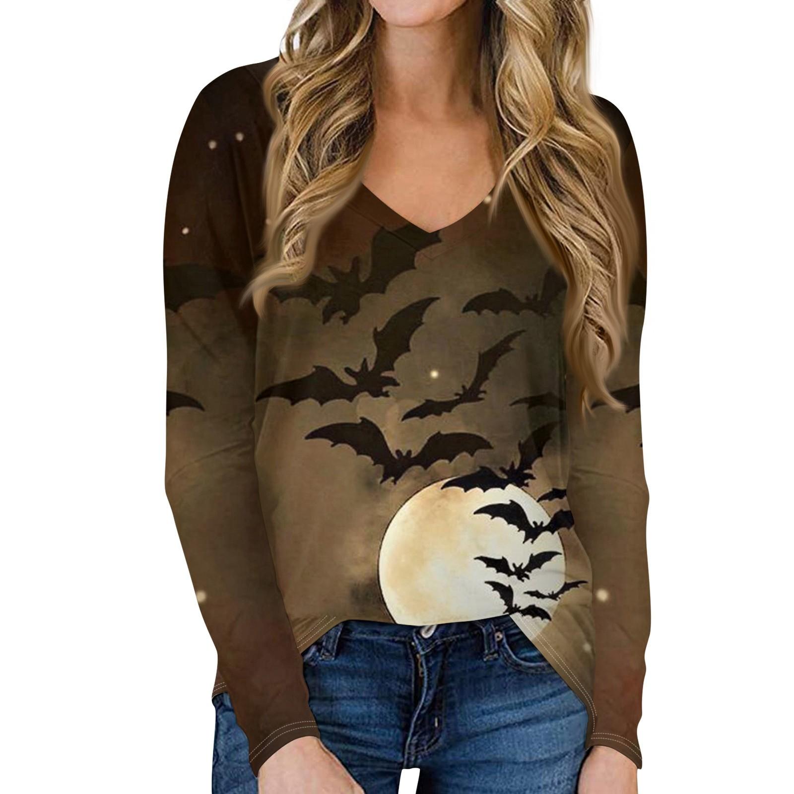 

Женская повседневная футболка с длинными рукавами и V-образным вырезом с принтом на Хэллоуин, топ, пуловер XXXL коричневый