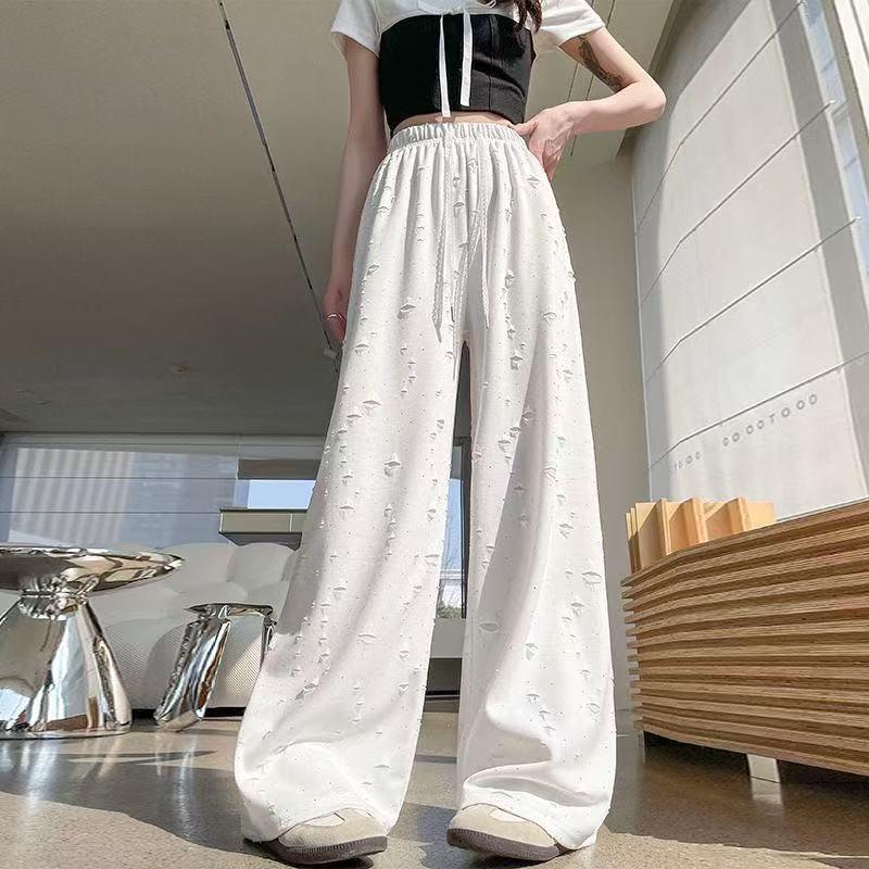 Damen Sommer locker Eis Seide zerrissen Strass Weites Bein Hose Übergröße