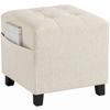 Small Ottoman, Square Footstool with Side Pocket, Rubber Wood Legs and Padded Seat for Living Room, Beige