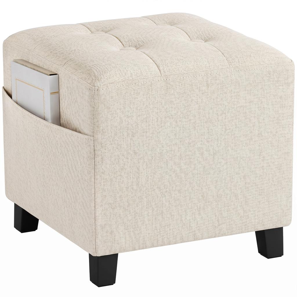 Small Ottoman, Square Footstool with Side Pocket, Rubber Wood Legs and Padded Seat for Living Room, Beige
