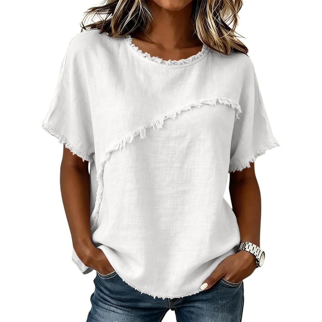 Ladies' Casual And Fashionable Round Neck Loose Linen Short Sleeved Top