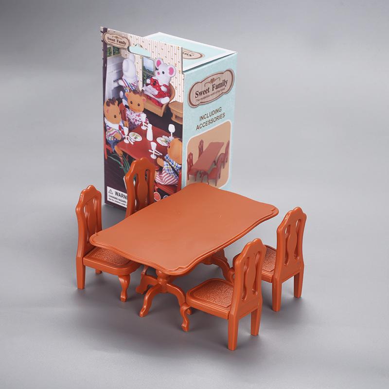 Dollhouse Mini Furniture Set: Rectangular Table and Chairs with Kitchen Food Ornaments