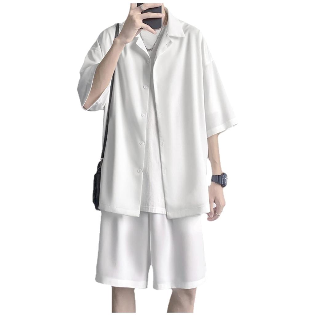 Famy Plus Size Loose Fit Shorts and Short Sleeve Size L Men's Set, Shirt, White,
