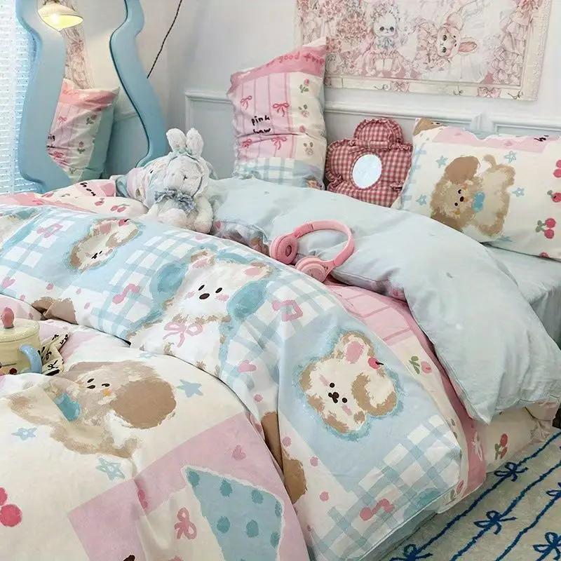 Girls Boys New Bed Linen Lucky Dog Bedding Set Cute Cartoon No Filler Twin Full Size Duvet Cover Flat Sheet Pillowcase Fashion