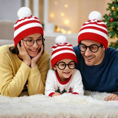 2pcs Red Fleece White Beanie Hat with Fleece Pom,winter Warmth Suitable for New Year,Christmas,Holiday Accessories Decorations