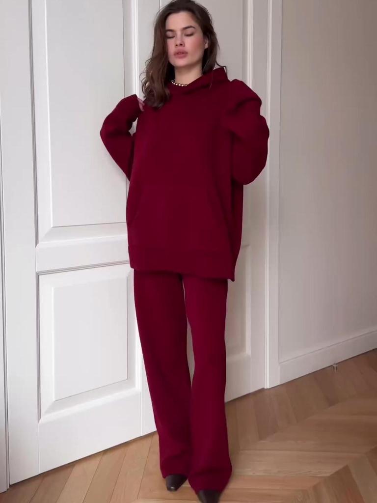 2024 Autumn Women's Red Hoodie & Casual Long Pants Two-Piece Set