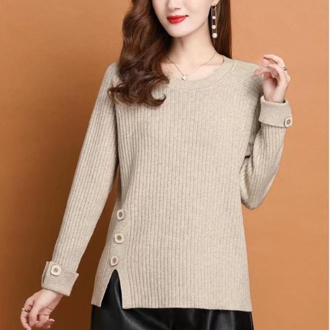 Fall/Winter Women's Crewneck Sweater Loose Slit Knitwear Pullover Solid Color Stretch Knit Top