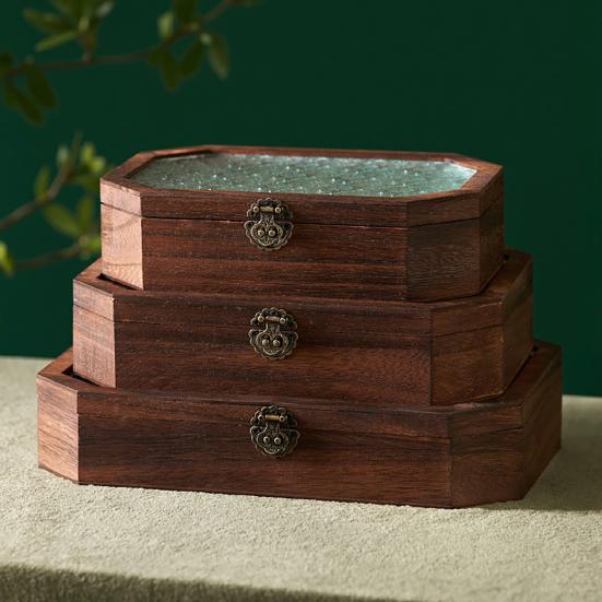 Jewelry Storage Box with Buckle And Flip-Top Lid Case Wood Retro Design Dustproof Organizer for Small Sundries