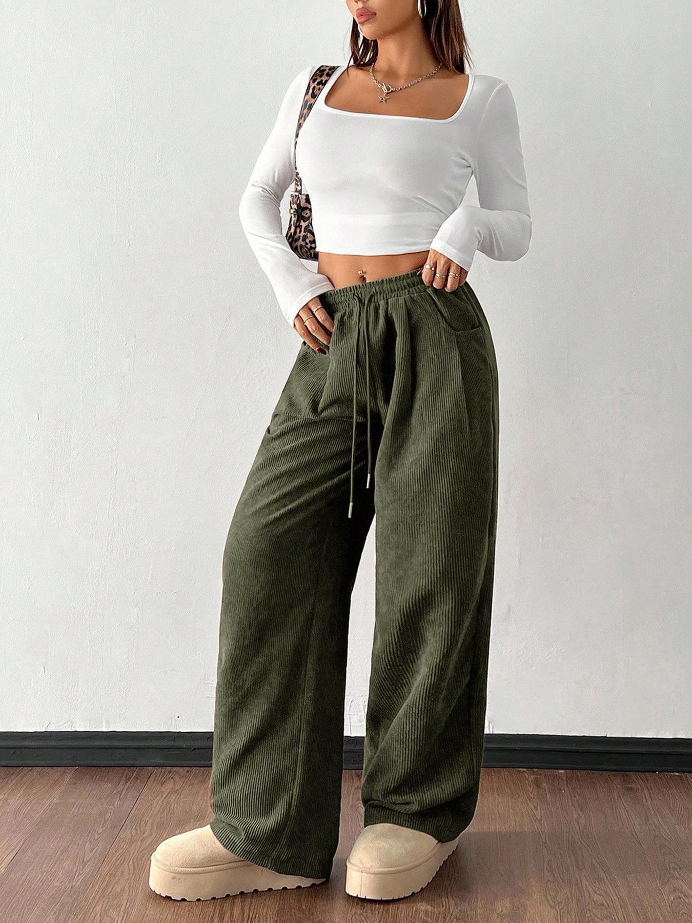 Women s High Waist Wide Leg Corduroy Pants with Stripes and Drawstring Waist S зелёный