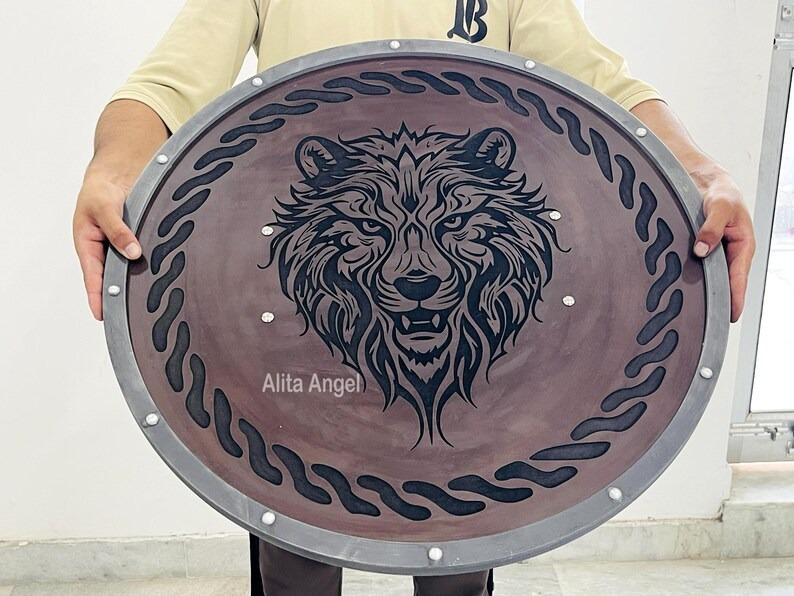 

Wooden Viking Shield - Lion Design Shield For Cosplay and Home Decor коричневий