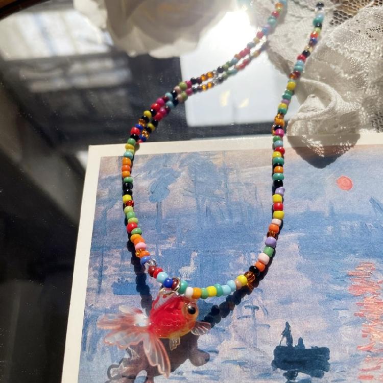 Beaded Necklace with Sweet Resin Fish Pendant Cute Rice Beads Choker Daily Wear