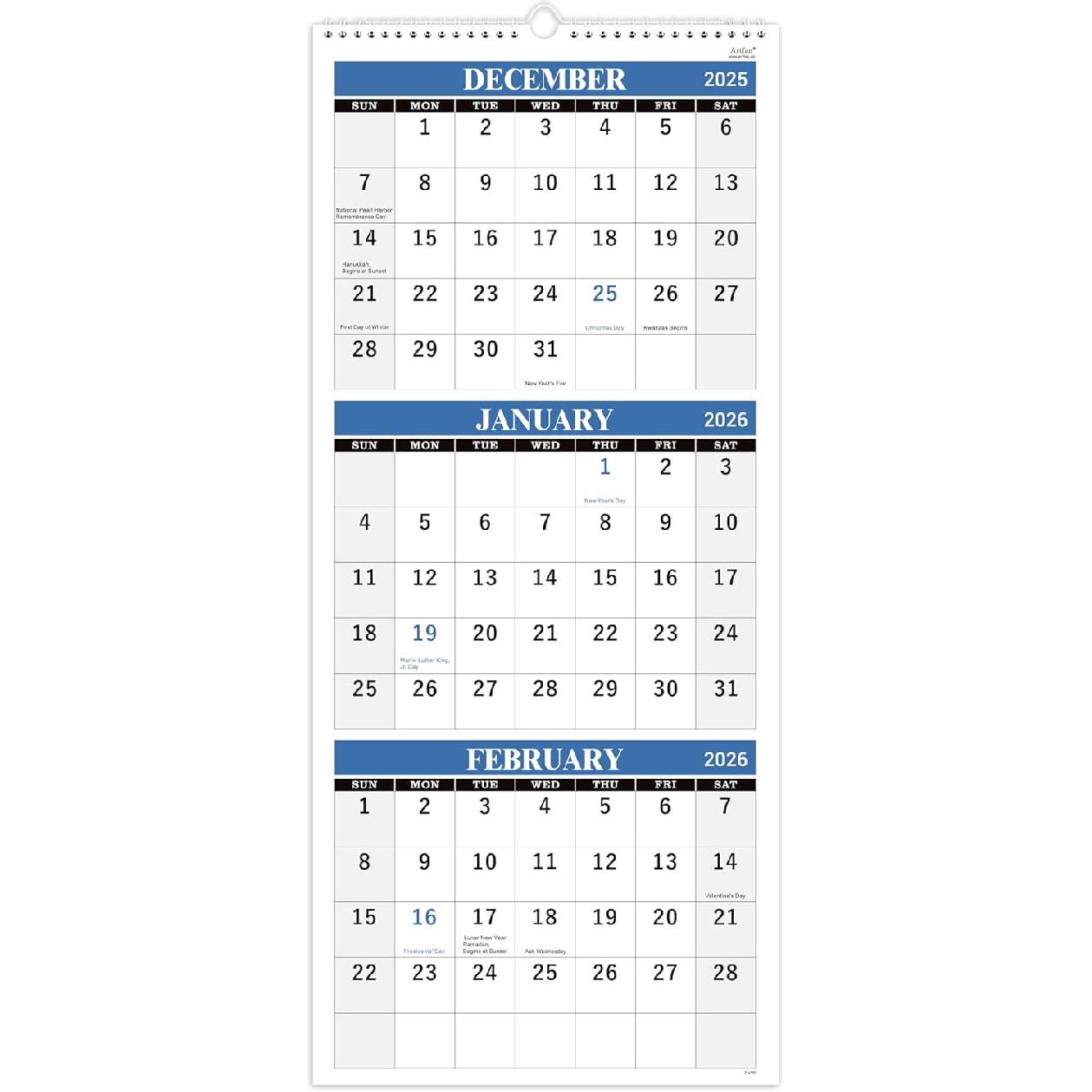 2026 Wall Calendar - 2 Month Wall Calendar 2026 Display (Folded in a Month), 17.6 x 11.3 , Jan. 2026 - Dec. 2026, Calendar 2026 - Blue 3-Month Wall Calendar - H