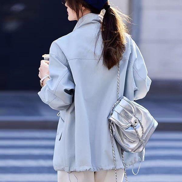 2025 Autumn Color Block Stand Collar Windbreaker: Casual Mid-Length Loose Fit Jacket