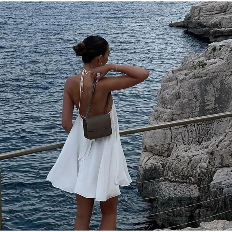 Ladies Sexy Deep V-neck Halter Suspender Dress Loose A-line Dress Skirt Party Dinner