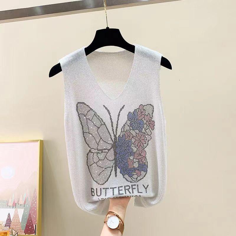 2023 Shiny Silk Sleeveless V-Neck Women's Vest - Spring/Summer New Style, Loose Fit with Hot Diamond Sling Knitted Design
