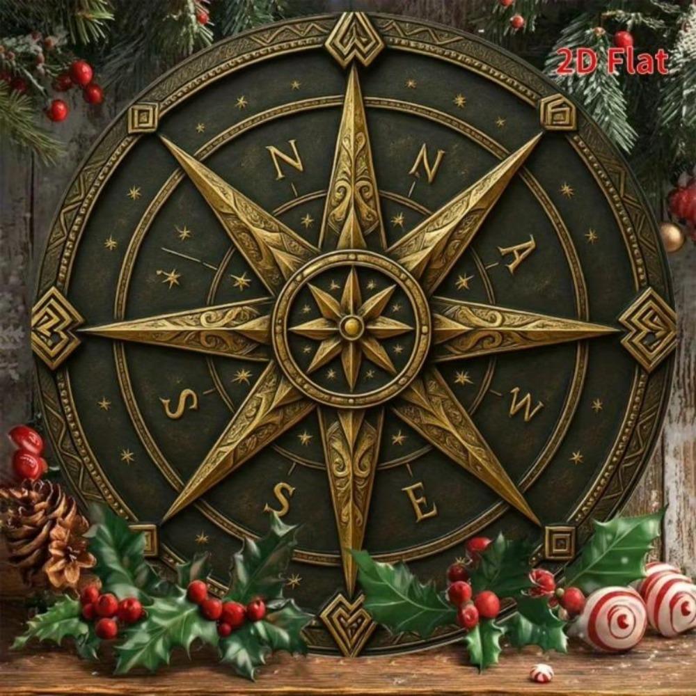 Vintage Metal Wall Art Compass Decor Round Iron Design Roman Numerals Star
