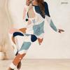 Women Plus Size Abstract Printed Two Piece Set Round Neck Long Sleeve Longline Top Fitted Pants