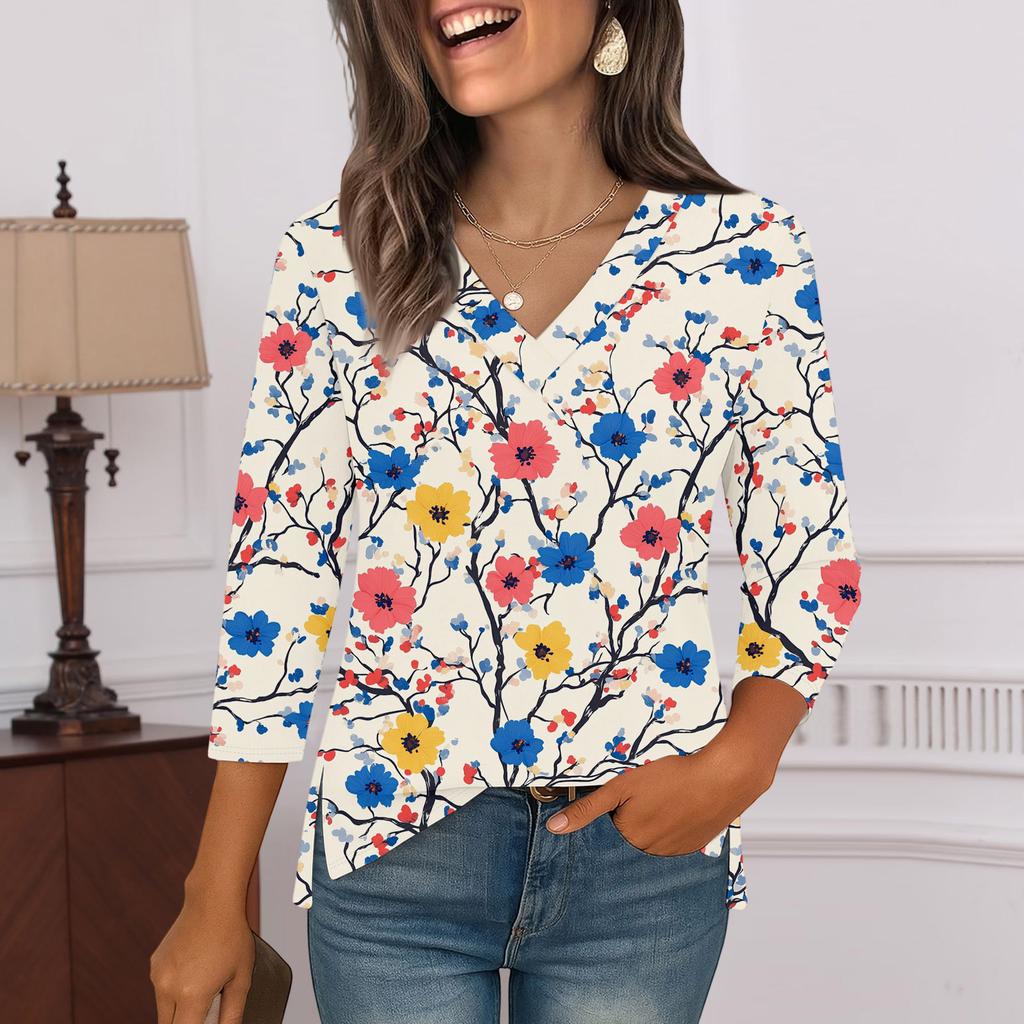 3/4 Sleeve Shirts For Women  Print Graphic Tees Blouses Casual Plus Size Basic Tops Pullover