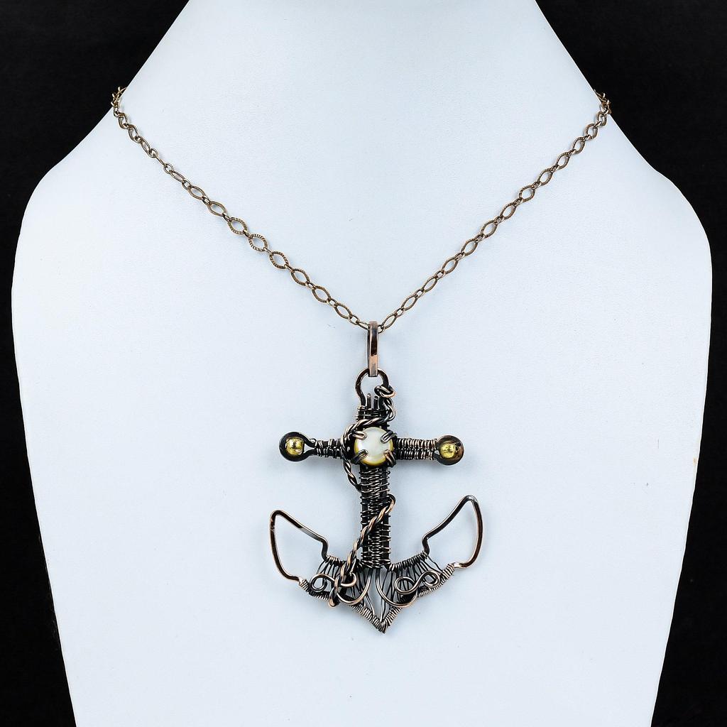 Perlmutt Anhänger Kupferdraht umwickelter Edelsteinanhänger Handgefertigter Kupferschmuck Ankeranhänger Hochzeitsgeschenk Schöner Drahtwickelschmuck