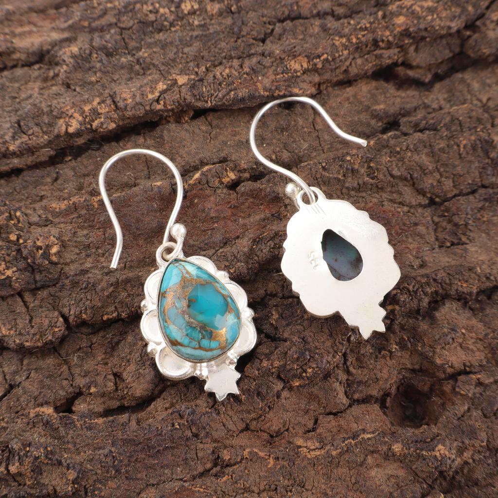 Blaue Kupfer Türkis Handgemachte Edelstein Ohrringe, 925 Sterling Silber Ohrringe Antiker Schmuck, Für Verlobungsgeschenk