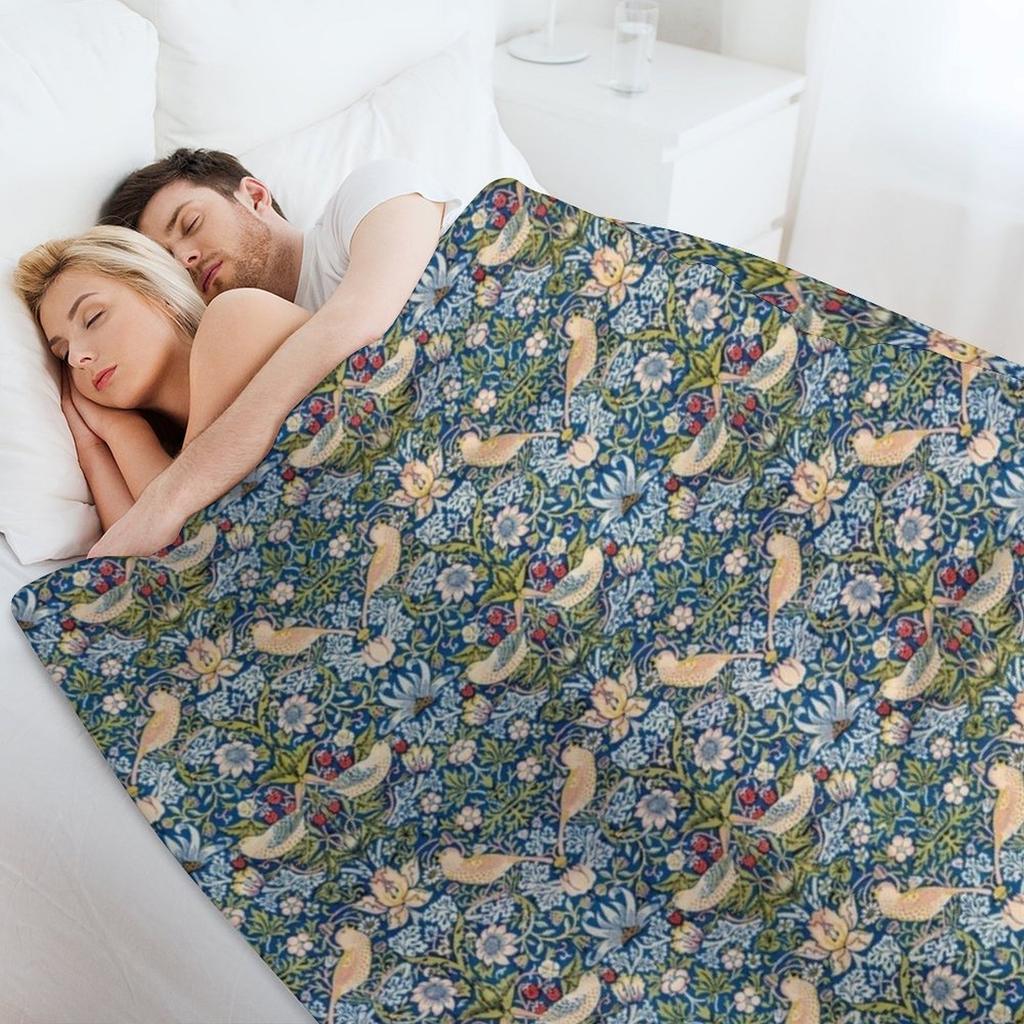 Strawberry Thief' Blue-Gold Pattern Throw Blanket Soft for Sofa Single Multi-Purpose Blankets