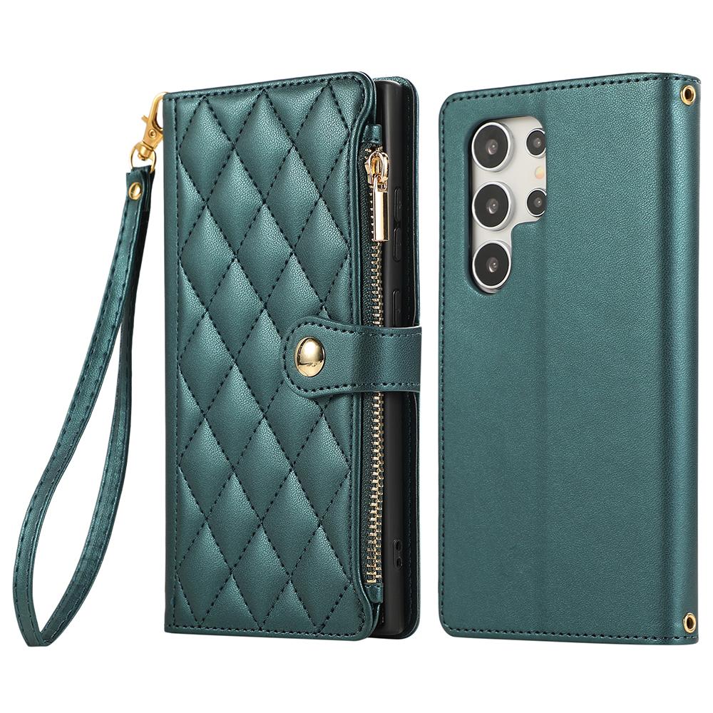 For Samsung Galaxy S24 Ultra Case Multi Card Slots Zipper Rhombus Leather Phone Cover with Wrist Strap