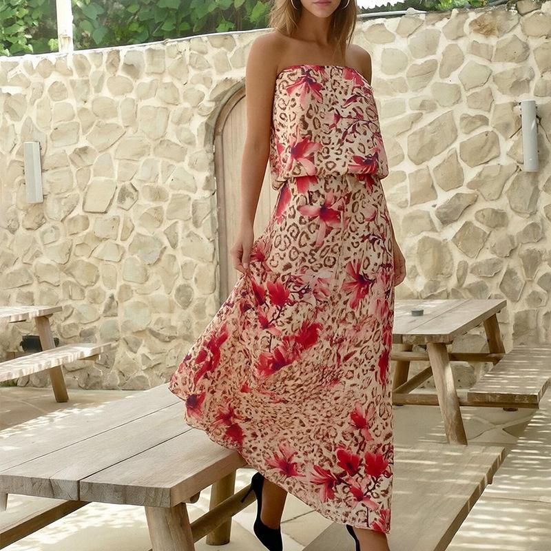 Spring new, sexy hottie tube  leopard print print dress long dress S