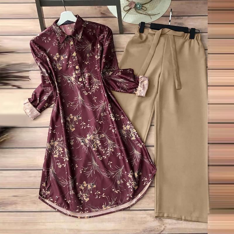 

ZANZEA Женский принт Длинная блузка и брюки Повседневный комплект из двух частей L вино красного