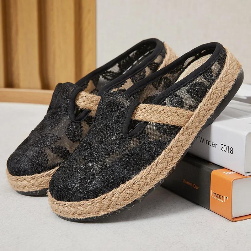 Módní nové 2024 módní etnický styl výšivky lněné prodyšné boty pro ženy venkovní ležérní dámské poloviční pantofle Zapatos De Mujer