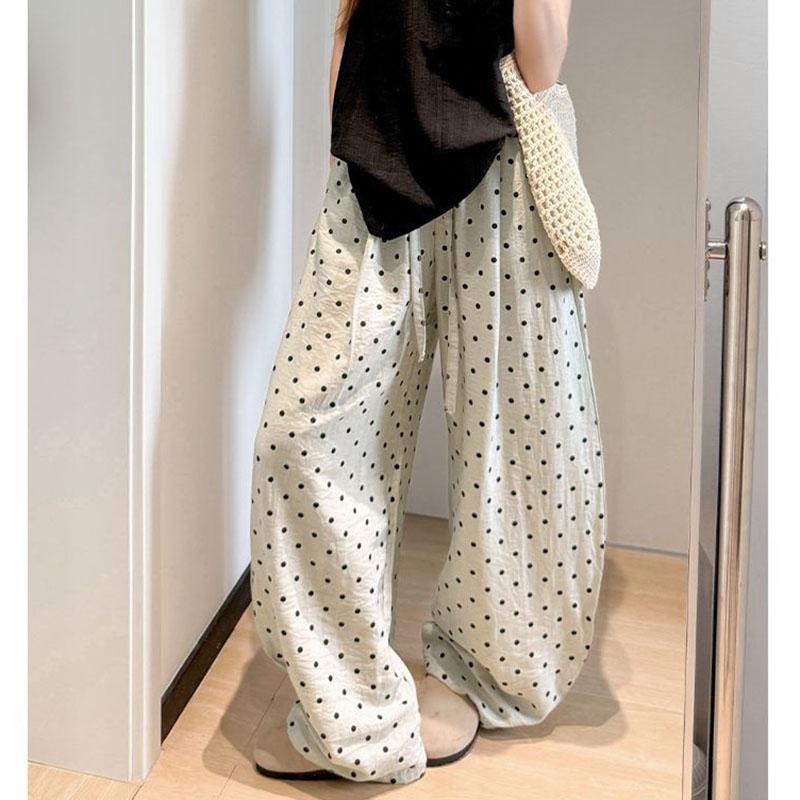 Women's Breathable Linen Polka Dot Banana Pants Summer Casual Trousers Elastic Waist Drawstring Wide-Leg Pants