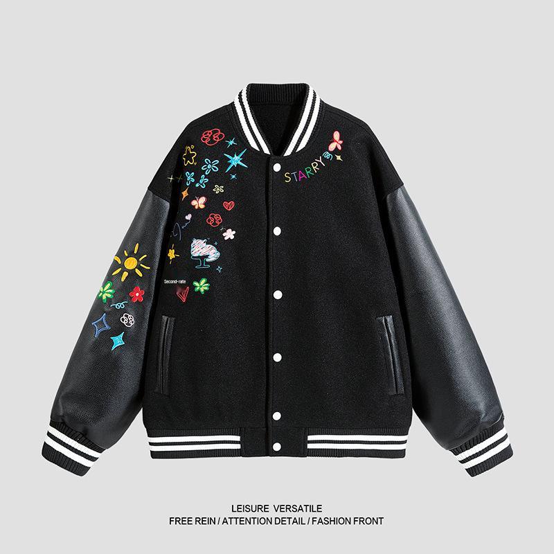 

Autumn Heavyweight Embroidered Unisex Baseball Jacket - Trendy Loose-Fit Youth Fashion Style M чорний