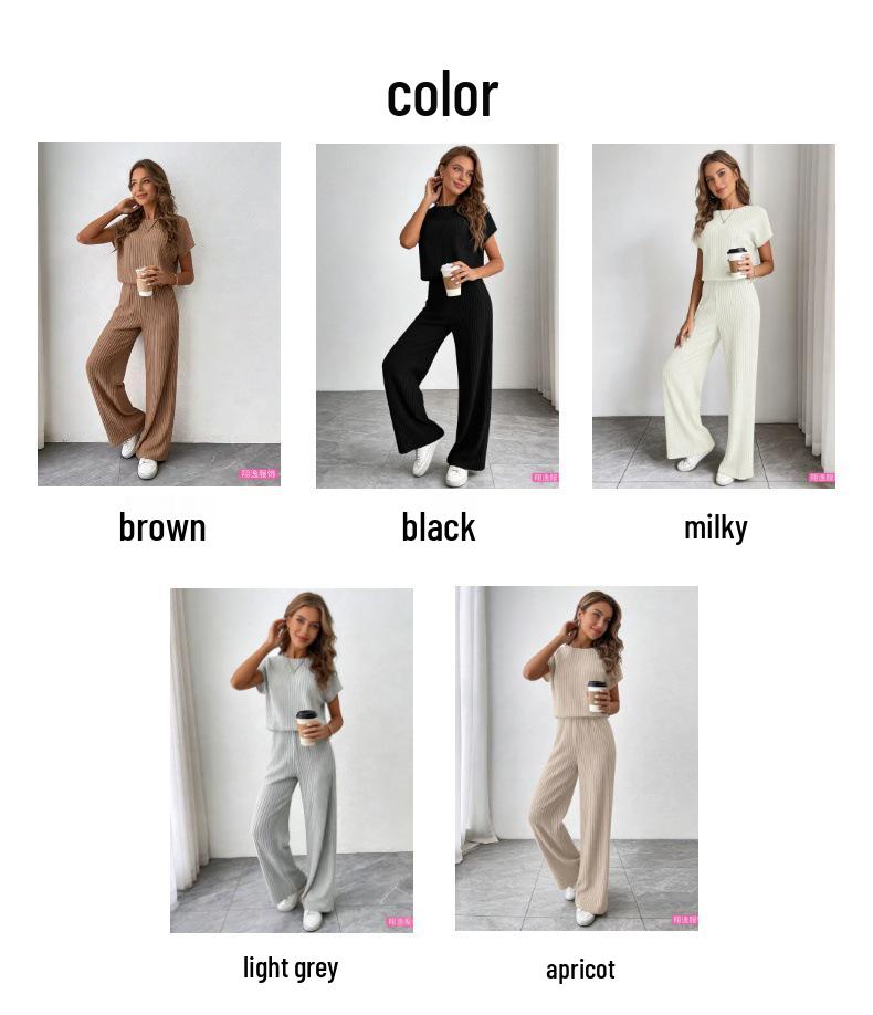 Conjunto Casual Feminino Europeu e Americano de Top de Malha Canelada de Manga Curta e Calça Longa