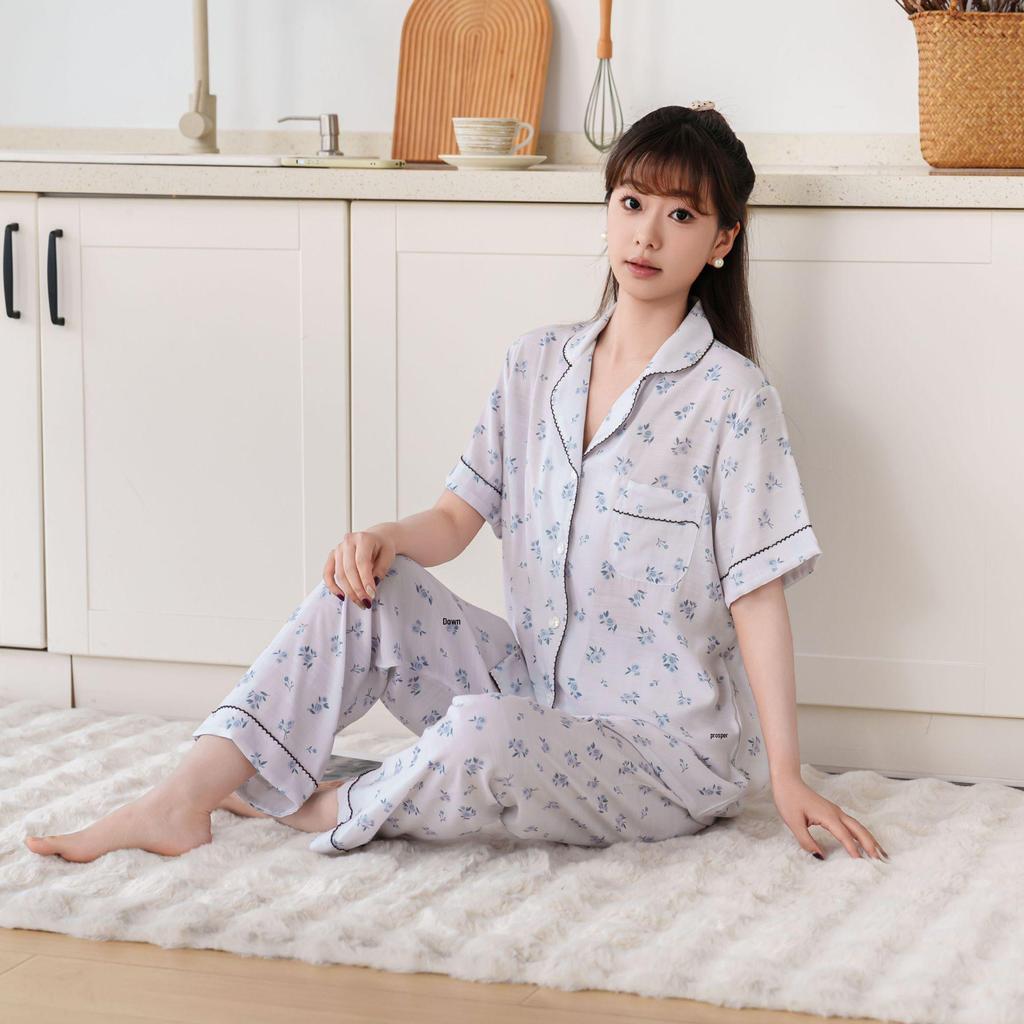 2026 Women's Luxury Double-Layer Cotton Linen Pajamas, Short Sleeve, Long Pants, Versatile for Home or Outdoor Wear, Sweet & High-End.