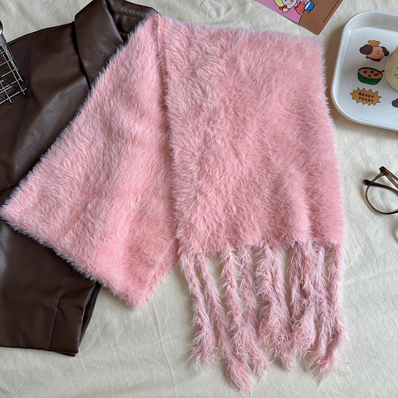 Luochi Knitting~Candy Color Plush Scarf: Soft, Skin-Friendly, Warm Tassels & Braids, Versatile Winter Neck Warmer for Women.
