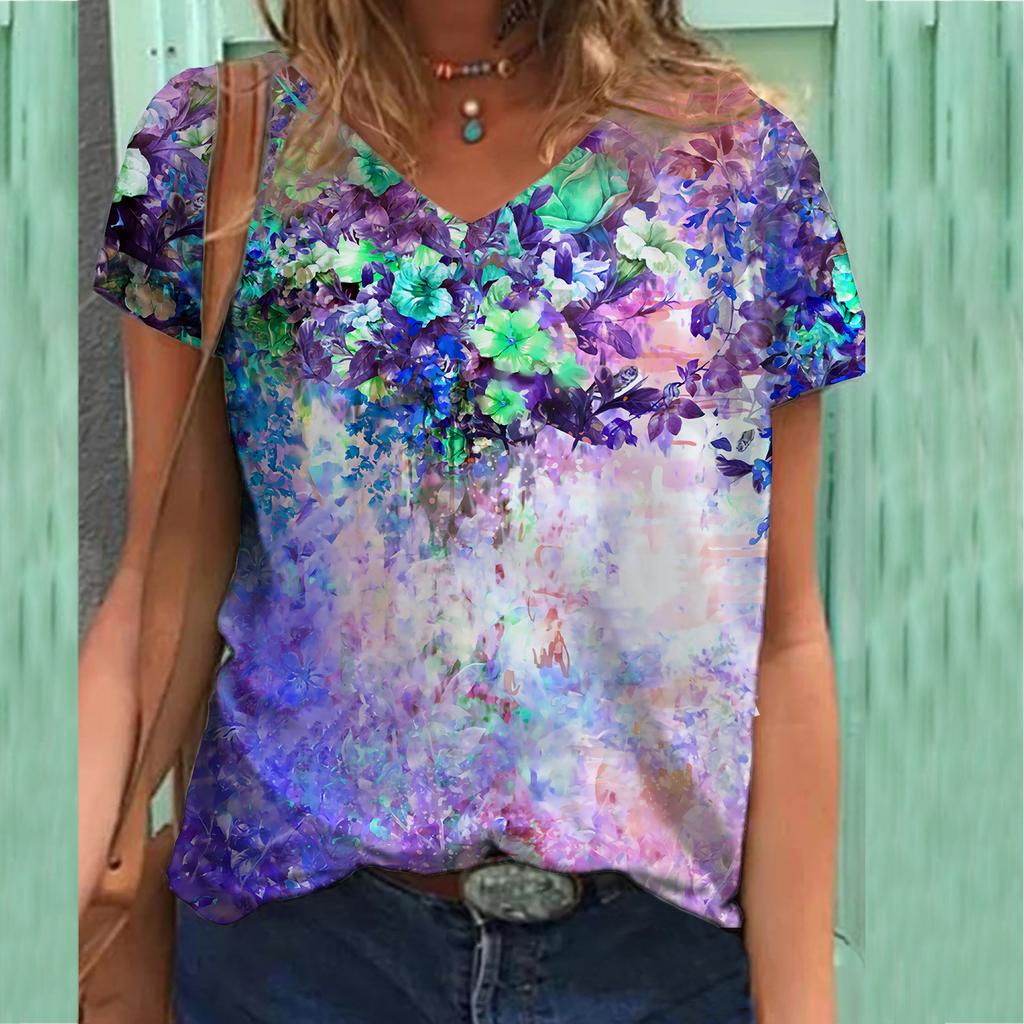 Plus Size T Shirt Floral Printed Tees Vintage 3d Printing T-shirts Women Men Short Sleeve V Neck Tops