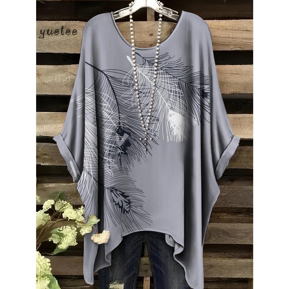 T-shirt da Donna Stampa Floreale Colorata Girocollo Top Orlo Irregolare Manica Corta Taglie Forti Abbigliamento da Donna Casual per Esterno